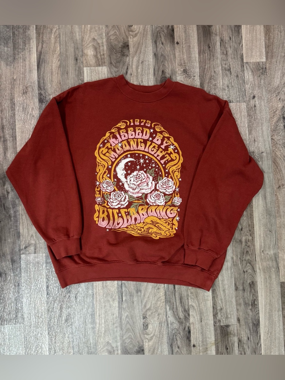 Billabong Large Blessed By Moonlight Sweatshirt Rust Boho Celestial Crewneck